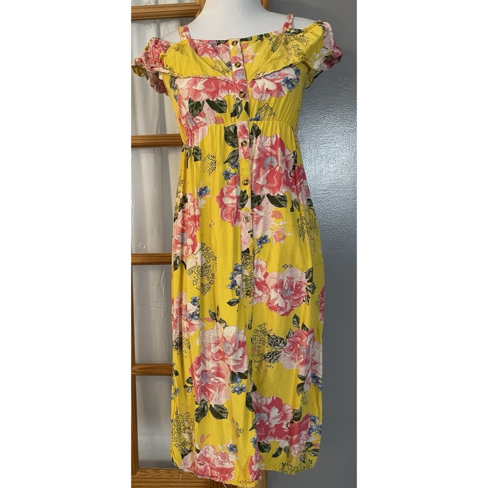 Vtg 90s JUSTICE Floral Midi Dress Juniors 10 Off The Shoulder Yellow Pink Boho